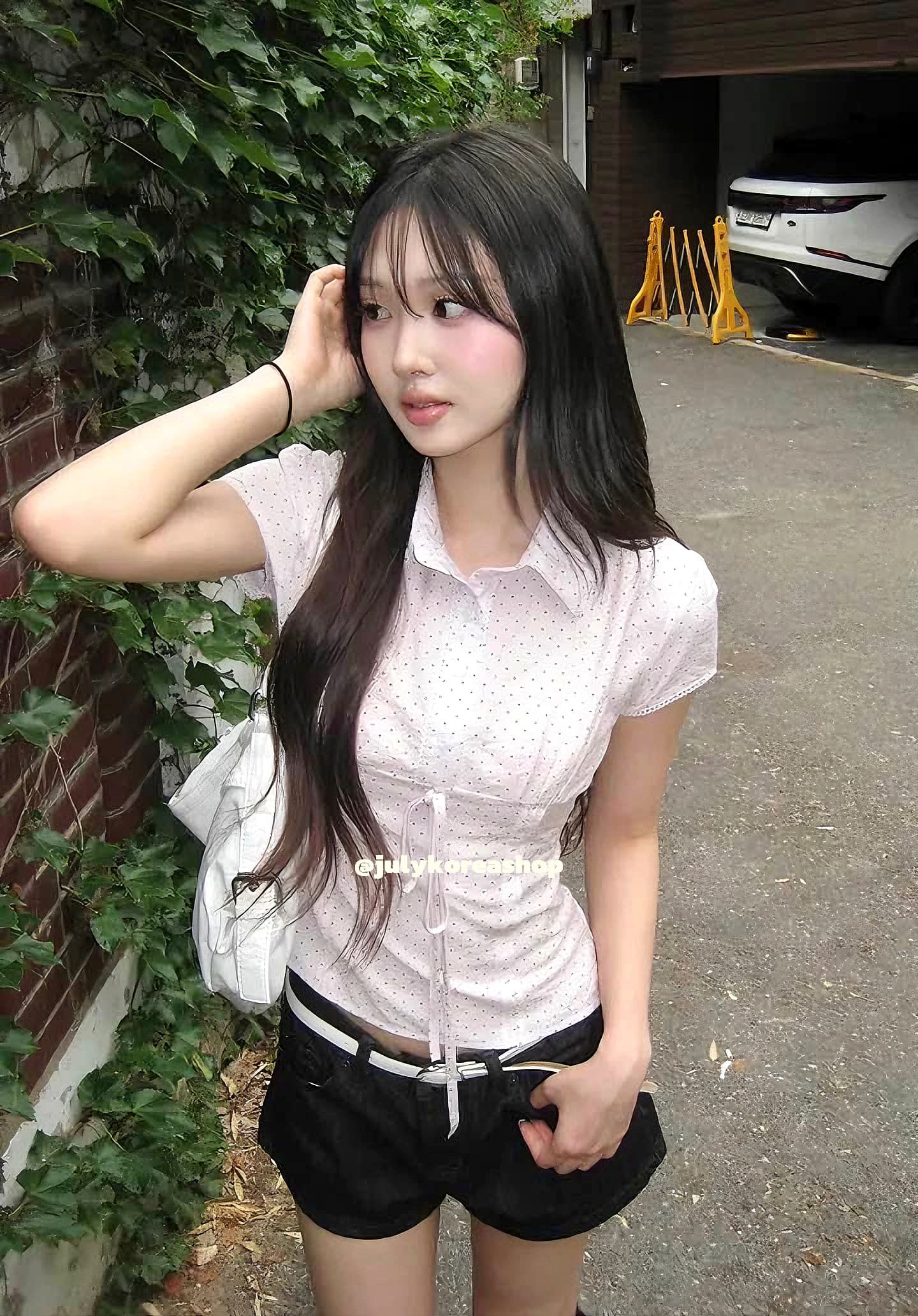 한국 작은 대중 소녀 허리 수축 다용도 일상 스트랩 슬림해 보이는 도트 무늬 반팔 셔츠 상세 이미지 14