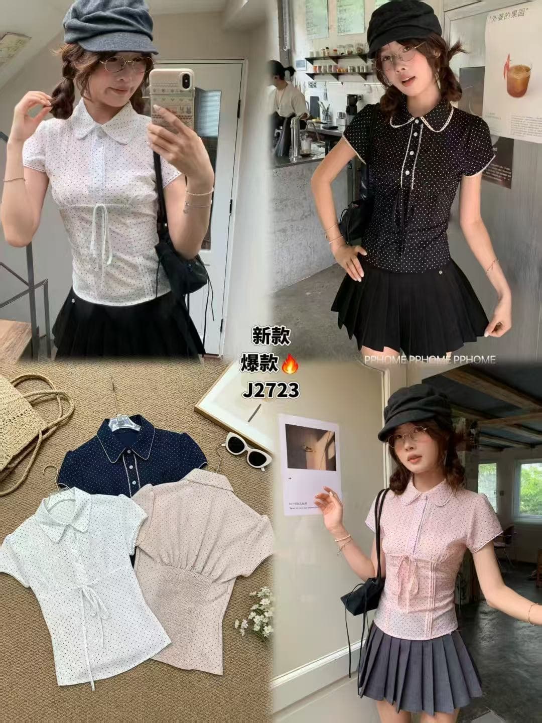 한국 작은 대중 소녀 허리 수축 다용도 일상 스트랩 슬림해 보이는 도트 무늬 반팔 셔츠 상세 이미지 18