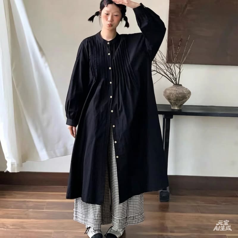 프랑스식 롱 코트 드레스 이른 가을 새로운 루즈핏 스택 착용 셔츠 루즈핏 치마 이미지 5