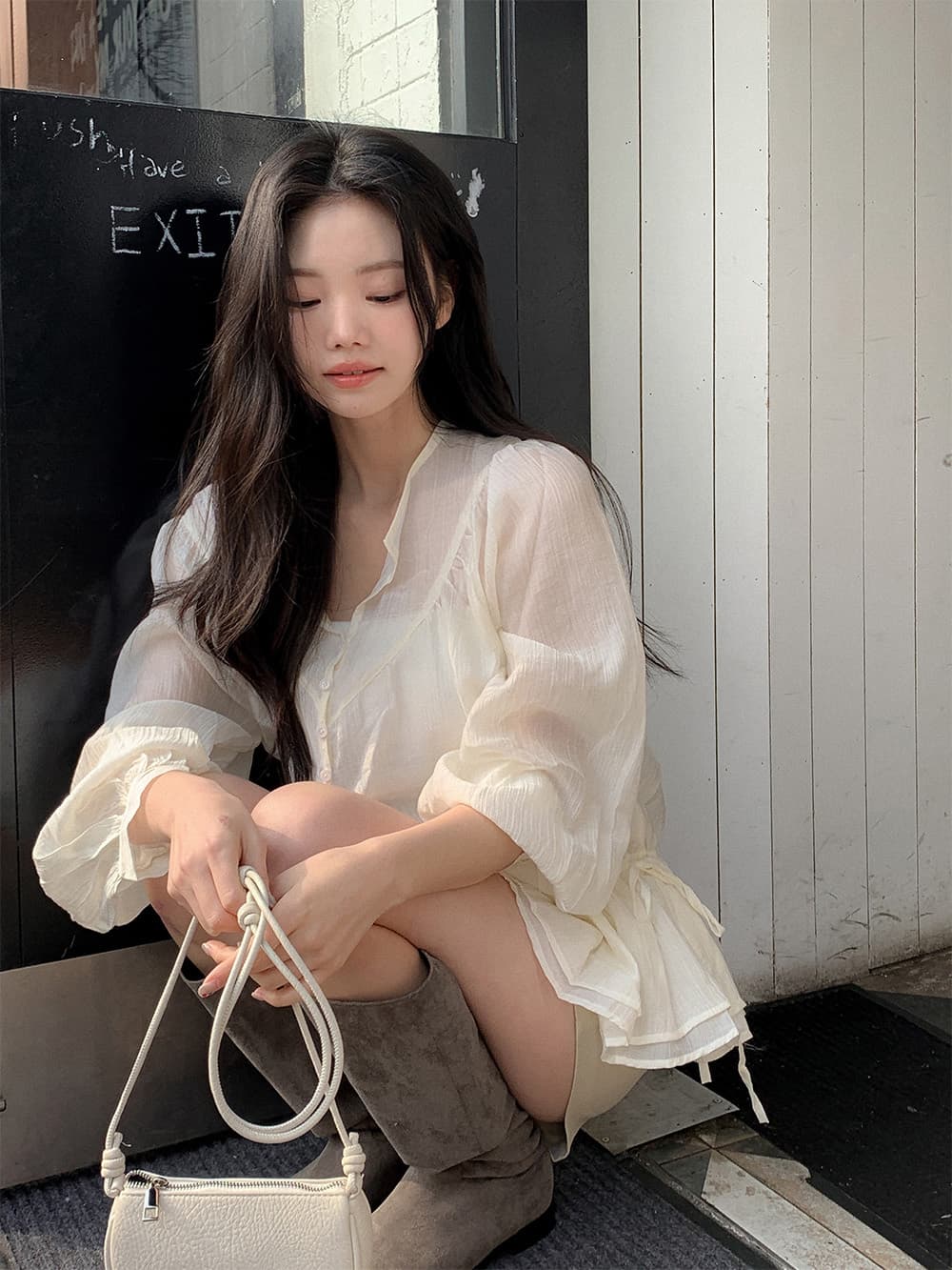 벌룬 소매 허리 수축 프릴 중간 길이 셔츠 쉬폰 블라우스 한국 스타일 chic 디자인 센스 패션 다용도 상세 이미지 3