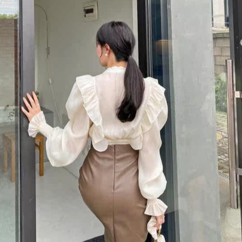 한국 26 가을 프랑스식 Chic 연꽃 잎 레이스 V넥 허리 수축 부서 버클 궁정 니트 스웨터 패치워크 스웨터 이미지 5