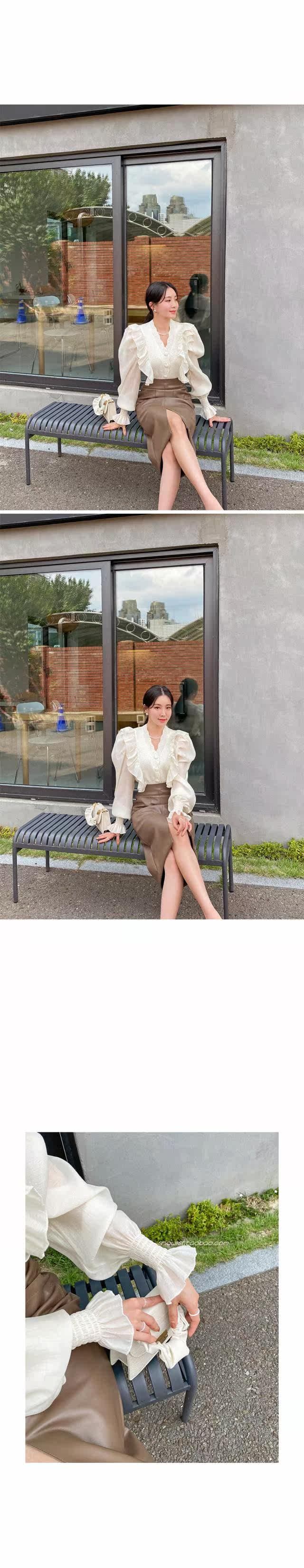 한국 26 가을 프랑스식 Chic 연꽃 잎 레이스 V넥 허리 수축 부서 버클 궁정 니트 스웨터 패치워크 스웨터 상세 이미지 2