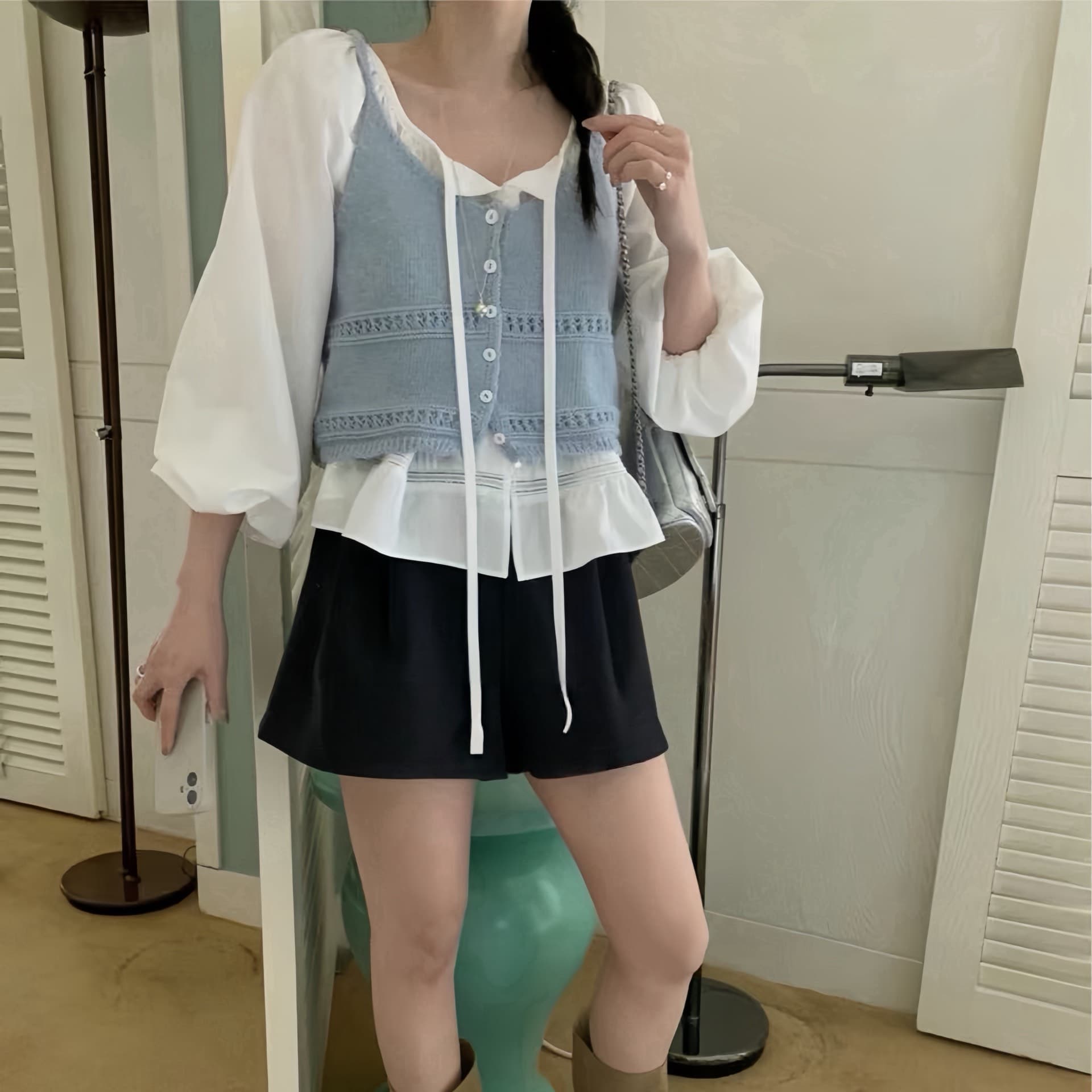 한 부서 연령 감소 얇은 스타일 니트 슬립 오픈 가디건 여성 짧은 이른 가을 스택 착용 홀로우 아웃 작은 베스트 조끼 맨위 상세 이미지 3