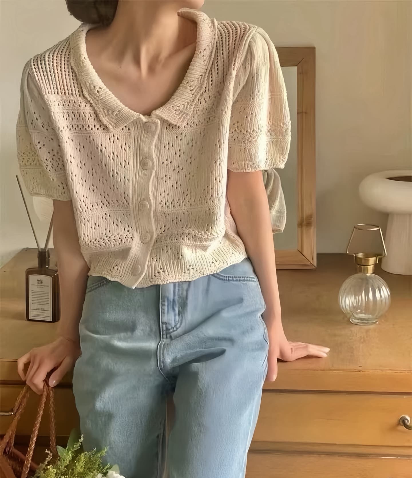 한국 chic 패션 홀로우 아웃 귀여운 작은 레이스 베이비 칼라 반팔 니트 스웨터 여성 프랑스식 품격 우아함 맨위 이미지 3