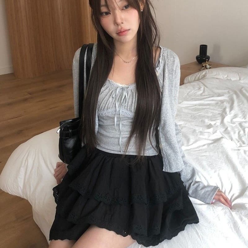 2026 년 이른 가을 한국 귀여운 소녀 레이스 스트랩 슬립 오픈 가디건 세트