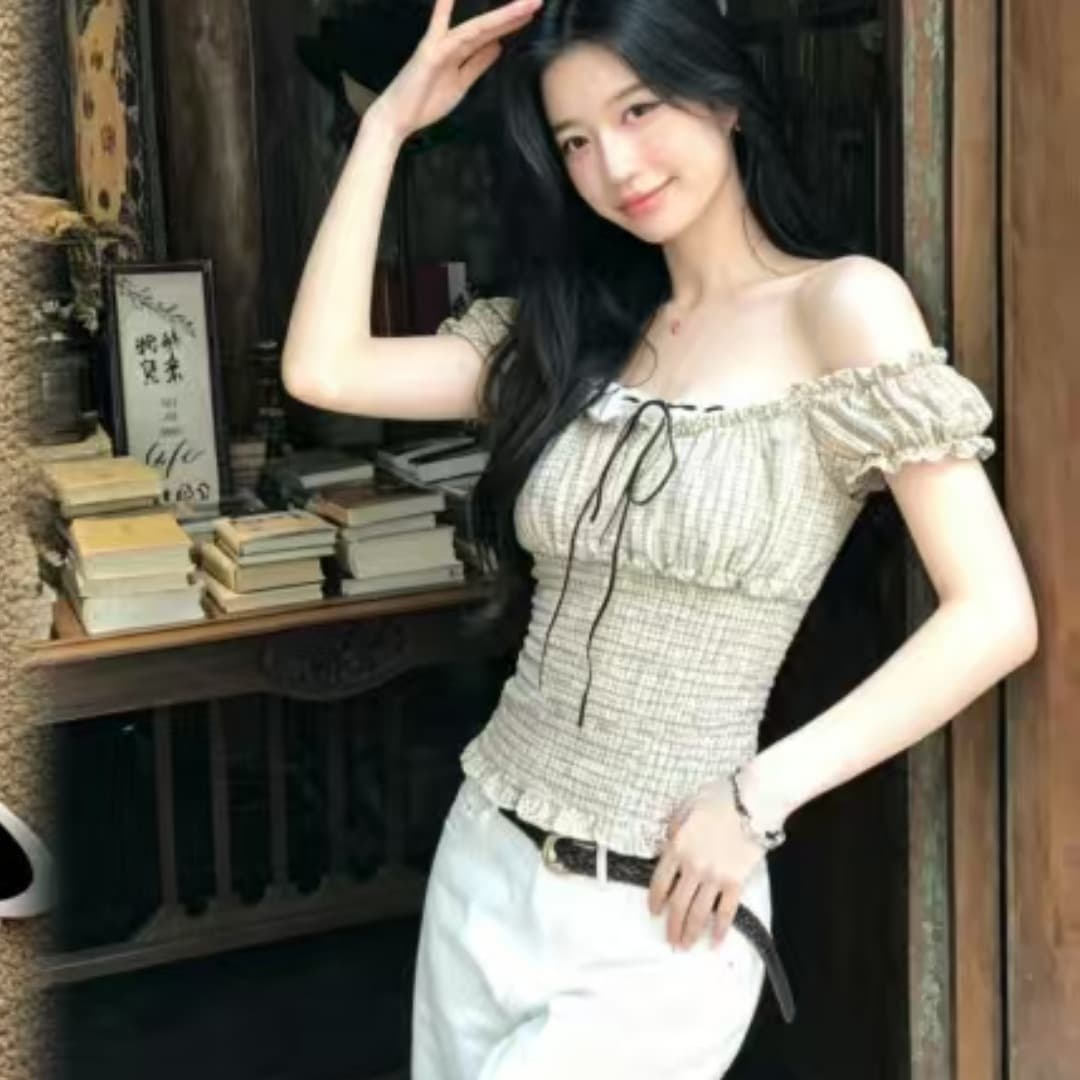 2026 년 이른 가을 패션 캐주얼 바람 작은 대중 체크무늬 슬림해 보이는 반팔 셔츠 맨위 여성 이미지 4