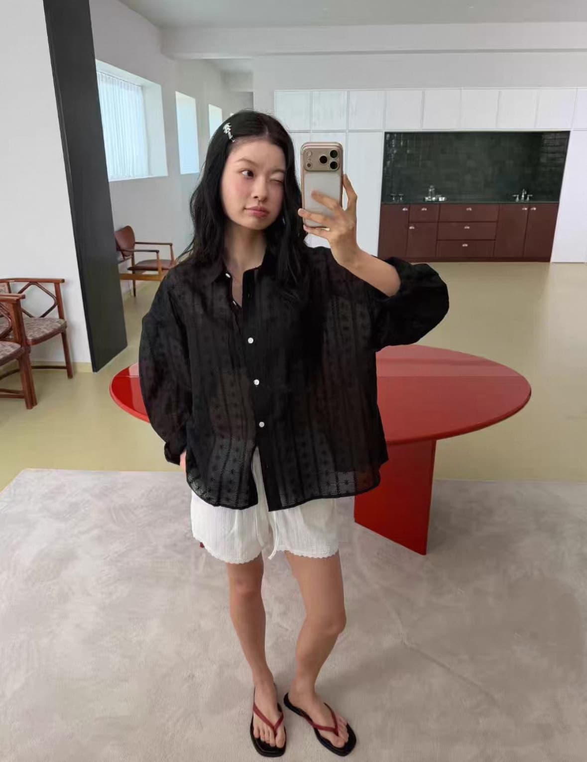 한국 스타일 다용도 느긋한 루즈핏 홀로우 아웃 자수 화이트 셔츠 상세 이미지 7