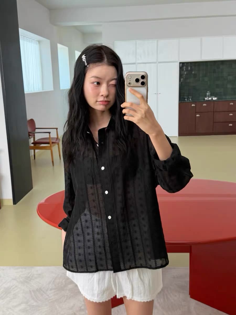 한국 스타일 다용도 느긋한 루즈핏 홀로우 아웃 자수 화이트 셔츠 상세 이미지 10