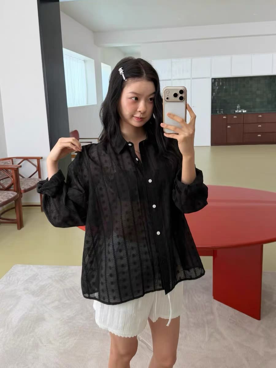 한국 스타일 다용도 느긋한 루즈핏 홀로우 아웃 자수 화이트 셔츠 상세 이미지 11