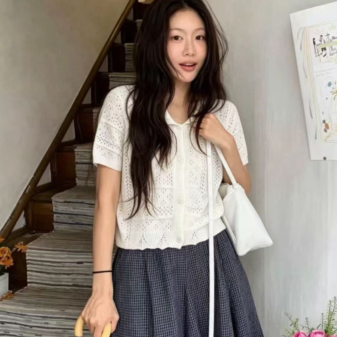 한국 chic 패션 홀로우 아웃 귀여운 작은 레이스 베이비 칼라 반팔 니트 스웨터 여성 프랑스식 품격 우아함 맨위