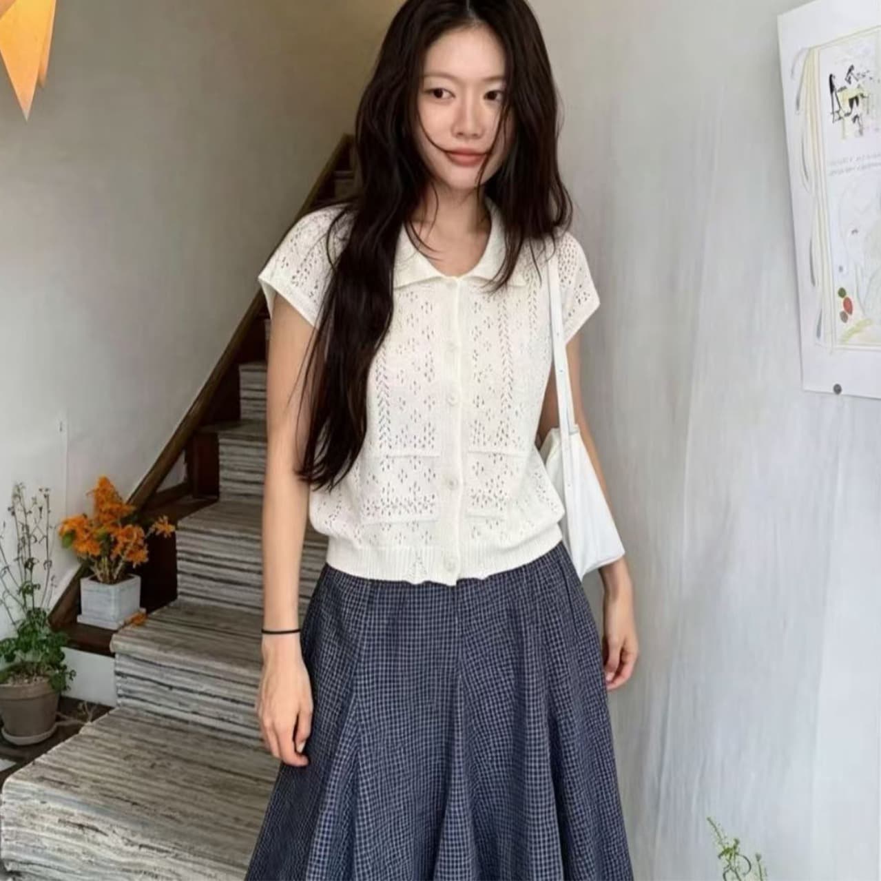 한국 chic 패션 홀로우 아웃 귀여운 작은 레이스 베이비 칼라 반팔 니트 스웨터 여성 프랑스식 품격 우아함 맨위 이미지 2