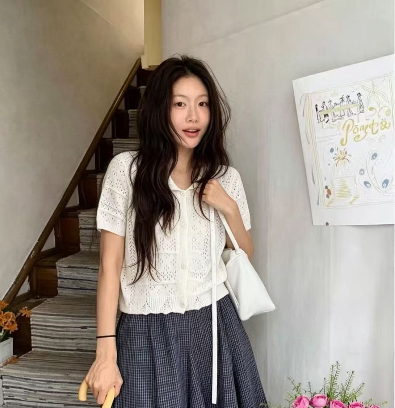 한국 chic 패션 홀로우 아웃 귀여운 작은 레이스 베이비 칼라 반팔 니트 스웨터 여성 프랑스식 품격 우아함 맨위 상세 이미지 7
