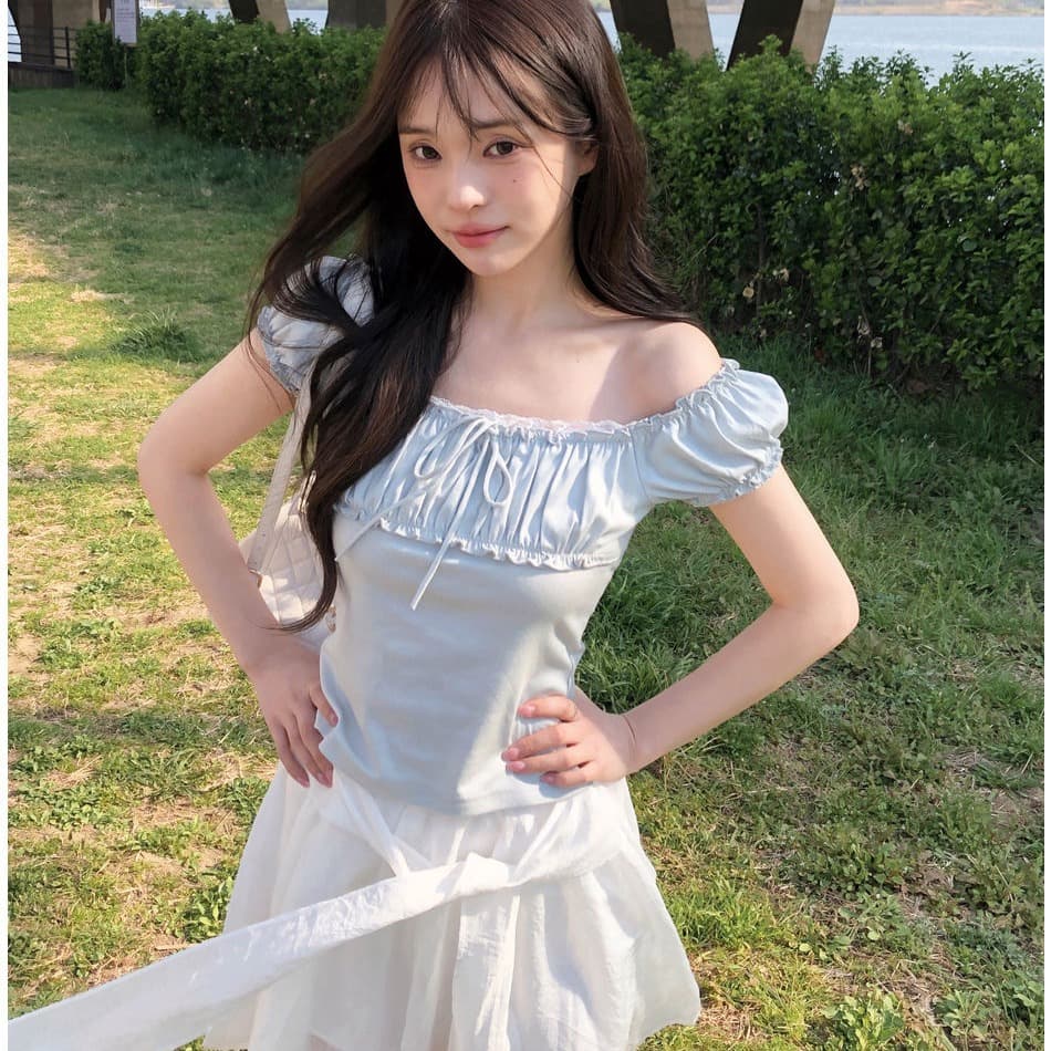 한 부서 거품 소매 레이스 레이스 반팔 티셔츠 여성 여름 몸매 가꾸기 슬림해 보이는 달콤함 품격 연령 감소 쇼트 스타일 맨위 이미지 4