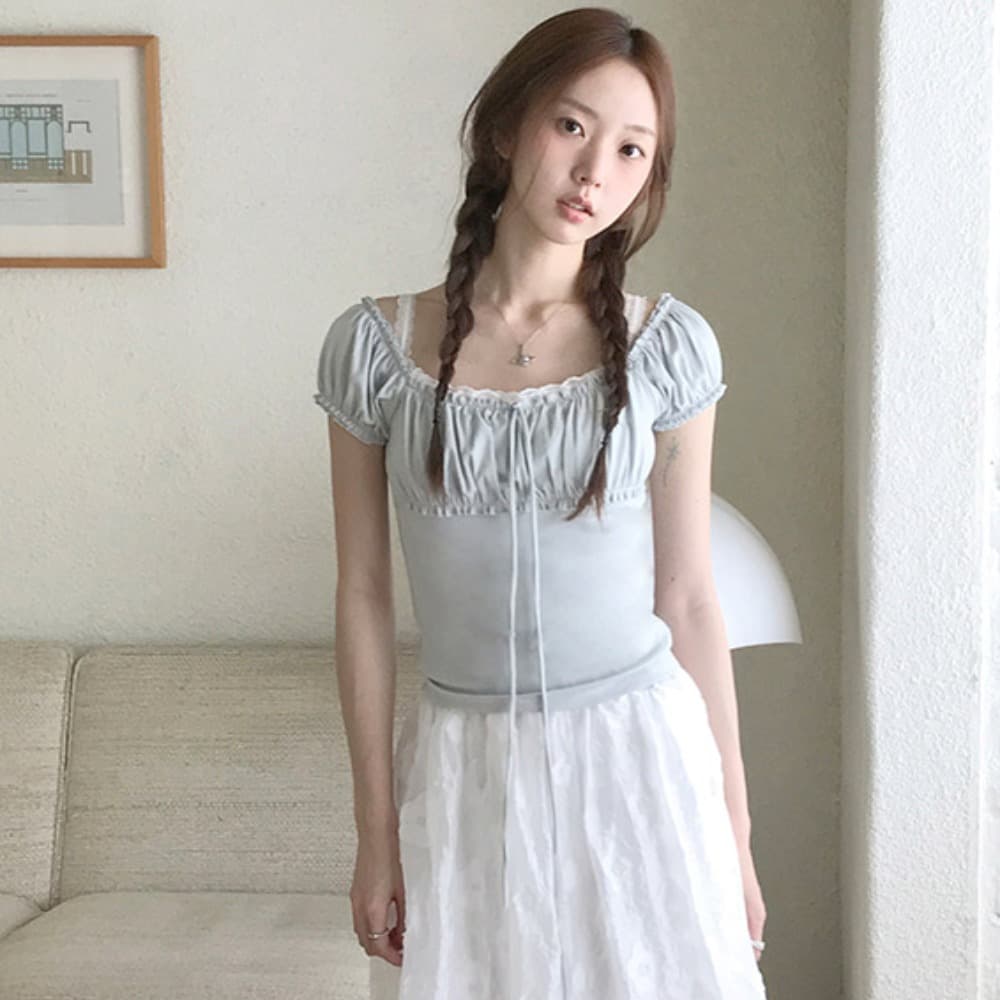 한 부서 거품 소매 레이스 레이스 반팔 티셔츠 여성 여름 몸매 가꾸기 슬림해 보이는 달콤함 품격 연령 감소 쇼트 스타일 맨위 이미지 2