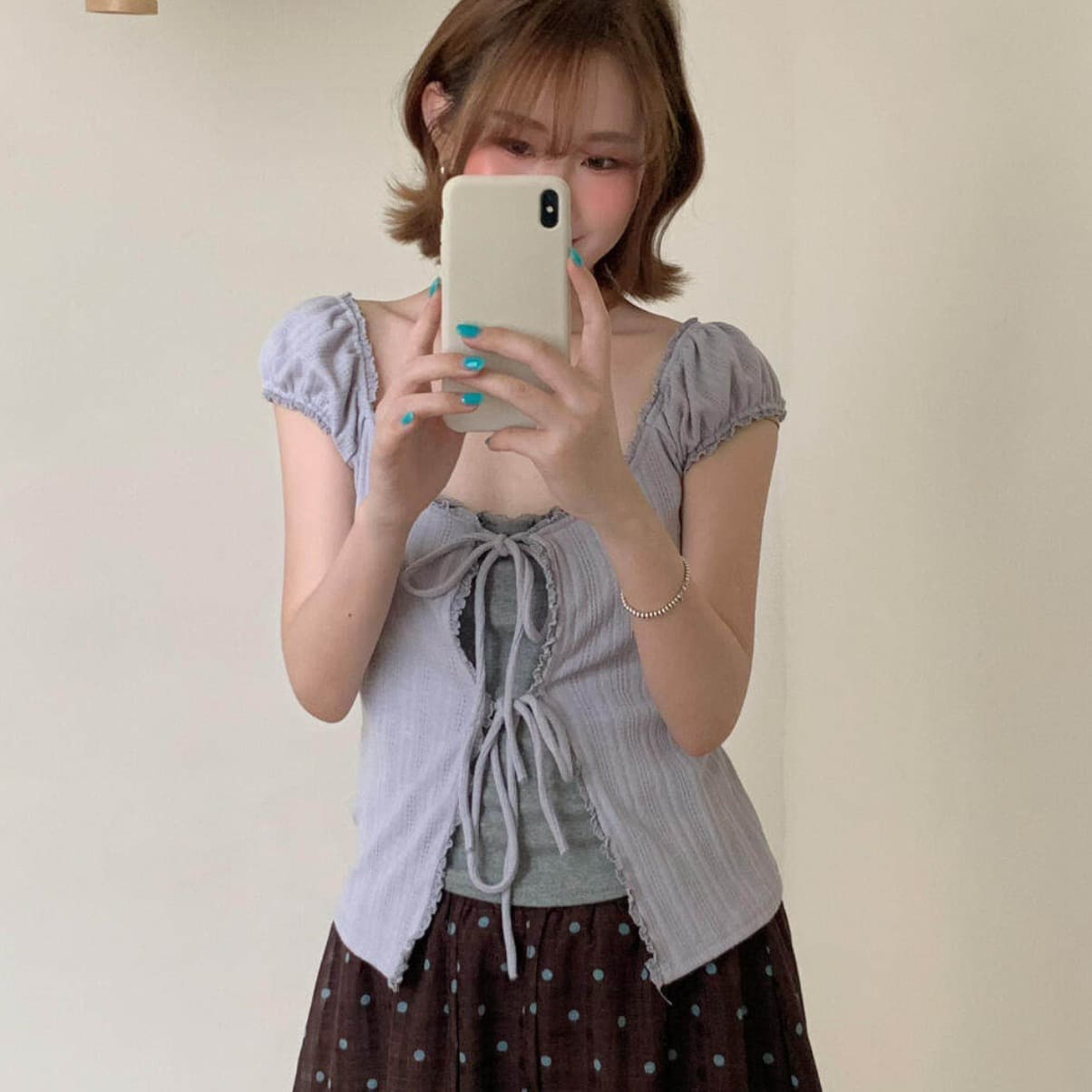 한 부서 달콤함 레이스 측면 행침 목 체크무늬 반팔 티셔츠 여성 여름 몸매 가꾸기 스트랩 페이크 레이어드 맨위 이미지 3