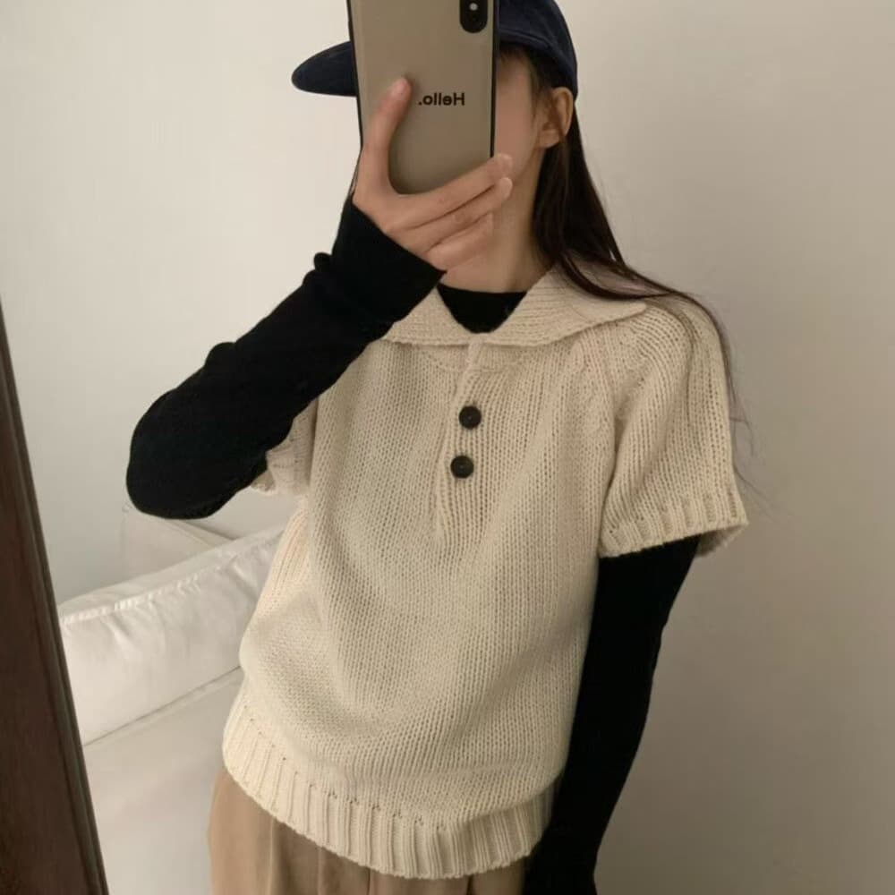한 부서 이른 가을 베이비 칼라 두꺼운 바늘 반팔 스웨터 여자 품격 작은 폴로 칼라 두꺼운 스타일 니트 스웨터