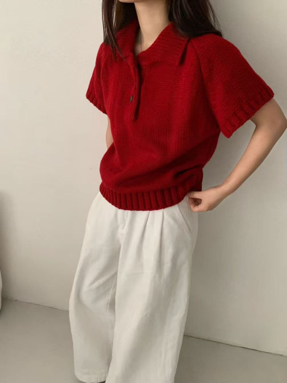 한 부서 이른 가을 베이비 칼라 두꺼운 바늘 반팔 스웨터 여자 품격 작은 폴로 칼라 두꺼운 스타일 니트 스웨터 상세 이미지 2