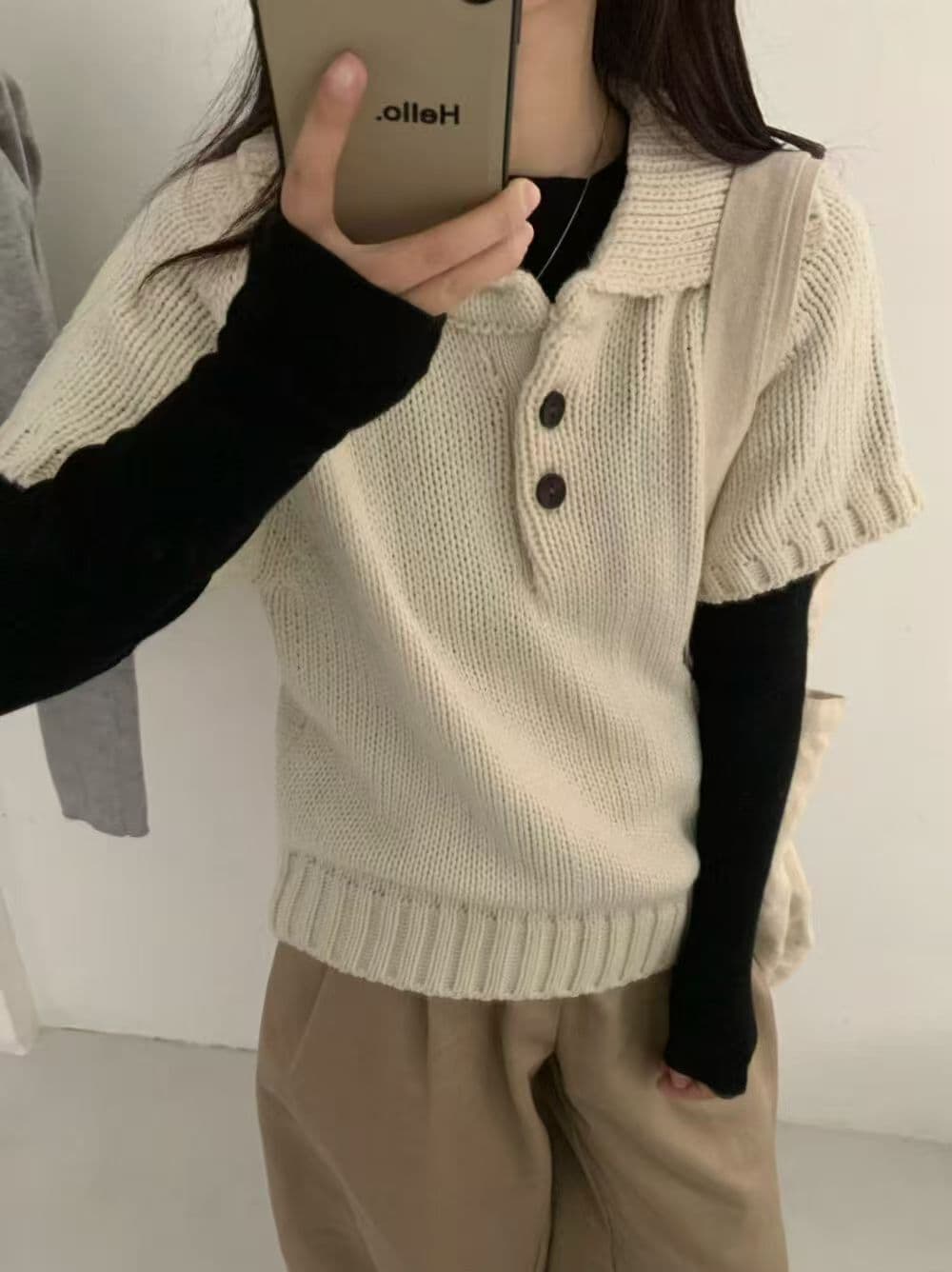 한 부서 이른 가을 베이비 칼라 두꺼운 바늘 반팔 스웨터 여자 품격 작은 폴로 칼라 두꺼운 스타일 니트 스웨터 상세 이미지 7