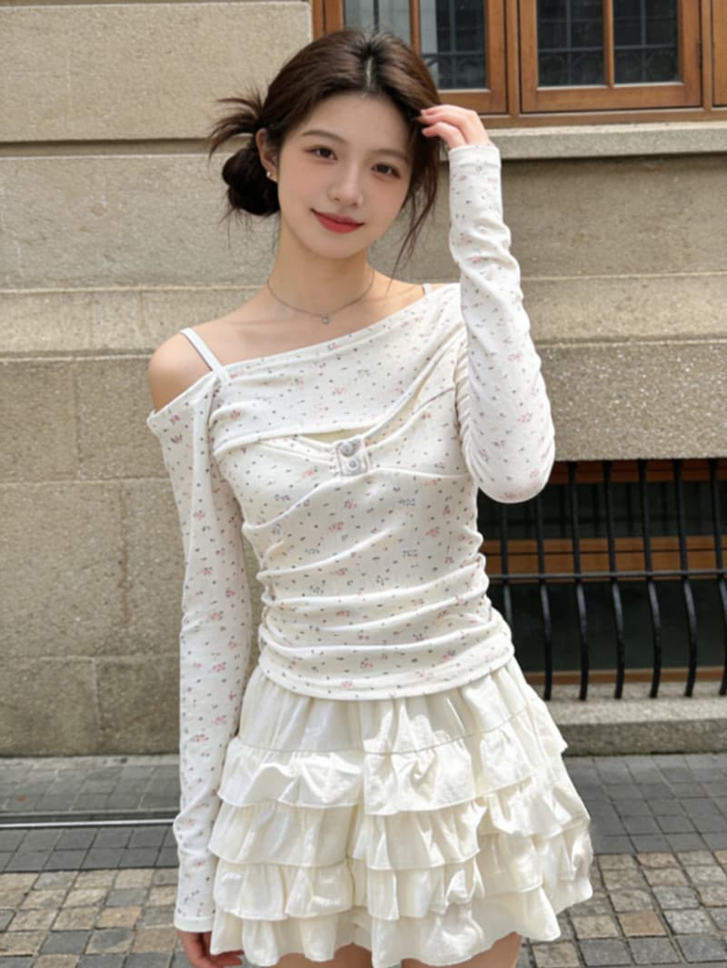 달콤한 매운맛 순수한 욕망 바람 꽃무늬 오프숄더 불규칙 긴팔 티셔츠 여성 봄 가을 작은 대중 몸매 가꾸기 쇼트 스타일 슬립 맨위 상세 이미지 3