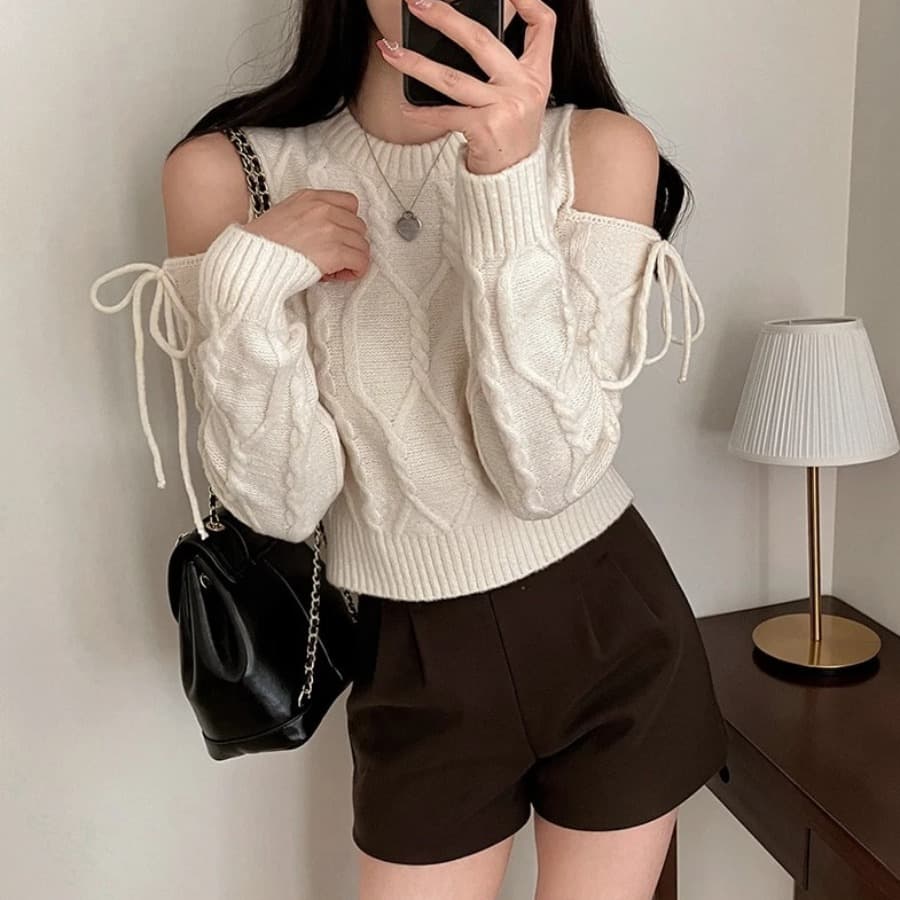한국 chic 겨울 레트로 외국 가스 라운드 넥 홀로우 아웃 오프숄더 스트랩 디자인 루즈핏 다용도 긴팔 니트 스웨터