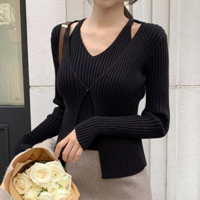 한국 스타일 페이크 레이어드 행침 목 조끼 오픈 가디건 몸매 가꾸기 구덩이 기사 슬림해 보이는 스웨터 니트 스웨터
