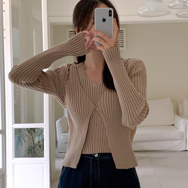 한국 스타일 페이크 레이어드 행침 목 조끼 오픈 가디건 몸매 가꾸기 구덩이 기사 슬림해 보이는 스웨터 니트 스웨터 이미지 4