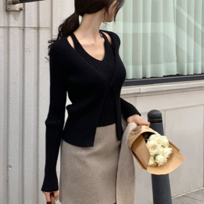 한국 스타일 페이크 레이어드 행침 목 조끼 오픈 가디건 몸매 가꾸기 구덩이 기사 슬림해 보이는 스웨터 니트 스웨터 이미지 2