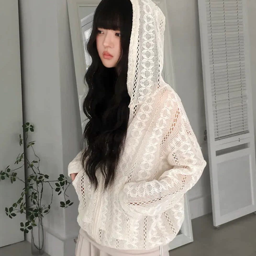 한 부서 이른 가을 레이스 시스루 니트 지퍼 후드 루즈핏 오픈 가디건 캐주얼 자외선 차단 얇은 스타일 맨위 재킷