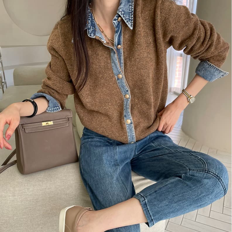 가을 한 부서 새로운 패션 데님 패치워크 슬림해 보이는 카디건 코트 고급 센스 느긋한 바람 니트 열기 셔츠 여성 이미지 4
