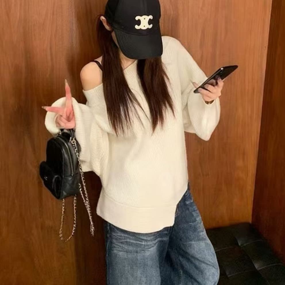 패션 오프숄더 순수한 욕망 바람 우아한 화이트 티 느긋한 바람이 아닙니다. 규칙 밑단 루즈핏 캐주얼 풀오버 이미지 4