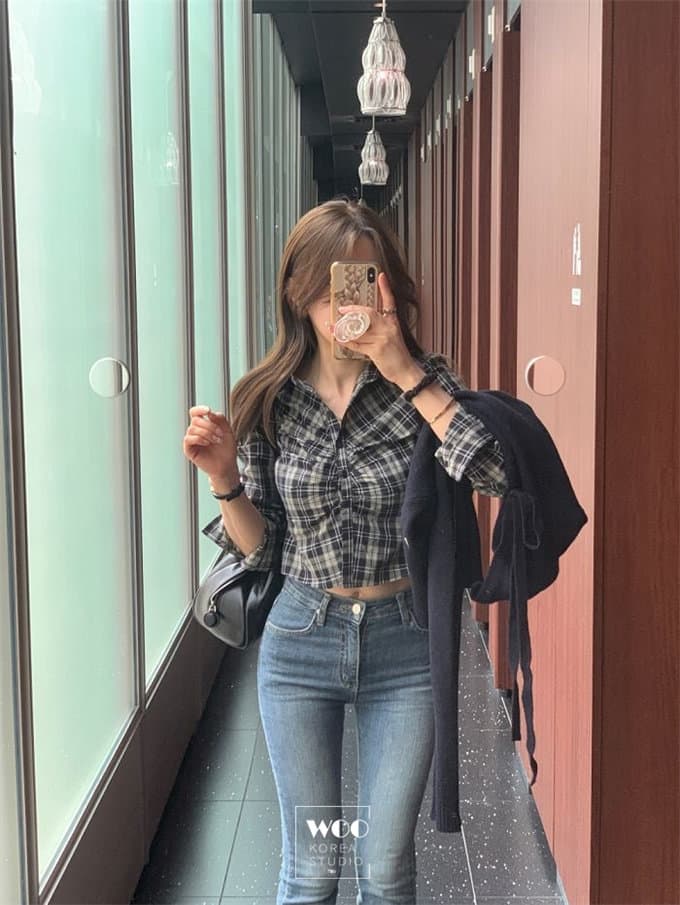 한국 동대문 26 가을 새로운 주름 디스플레이 몸 체크무늬 폴로 칼라 쇼트 스타일 긴팔 쇼트 스타일 셔츠 상세 이미지 4