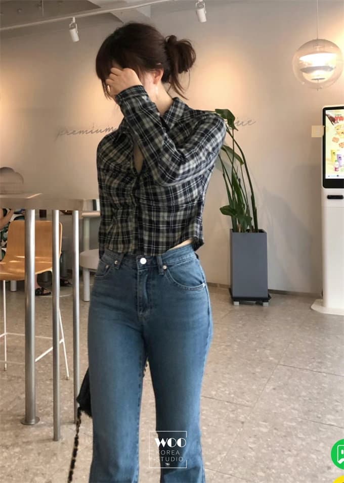 한국 동대문 26 가을 새로운 주름 디스플레이 몸 체크무늬 폴로 칼라 쇼트 스타일 긴팔 쇼트 스타일 셔츠 상세 이미지 5