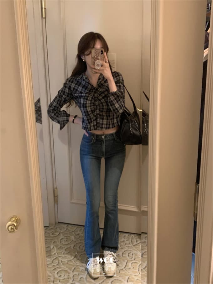 한국 동대문 26 가을 새로운 주름 디스플레이 몸 체크무늬 폴로 칼라 쇼트 스타일 긴팔 쇼트 스타일 셔츠 상세 이미지 16