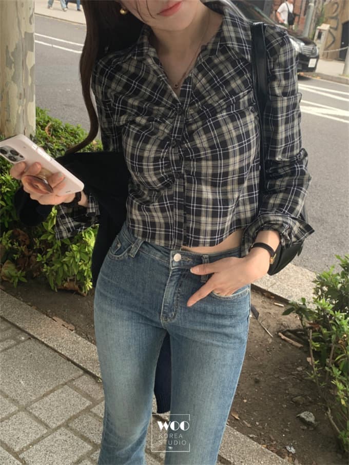 한국 동대문 26 가을 새로운 주름 디스플레이 몸 체크무늬 폴로 칼라 쇼트 스타일 긴팔 쇼트 스타일 셔츠 상세 이미지 30
