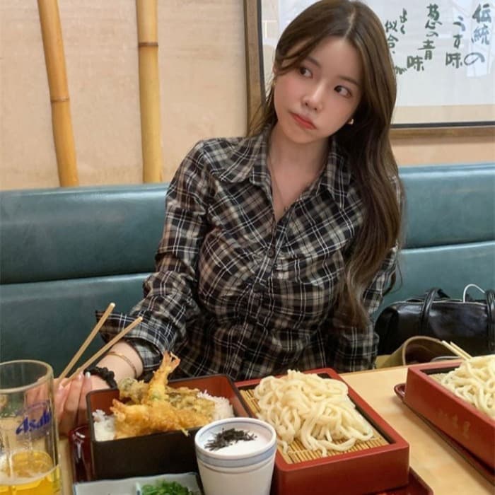 한국 동대문 26 가을 새로운 주름 디스플레이 몸 체크무늬 폴로 칼라 쇼트 스타일 긴팔 쇼트 스타일 셔츠 이미지 2