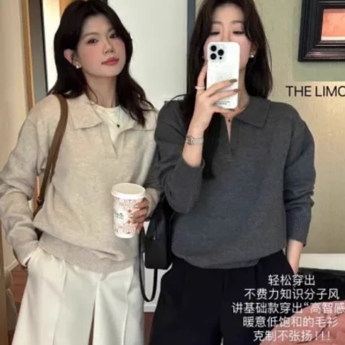 고급 센스 품격 폴로 칼라 니트 스웨터 여성 봄 느긋한 바람 루즈핏 스웨터 인사이드 가져 가라. 기본 셔츠 POLO 셔츠 맨위 이미지 2