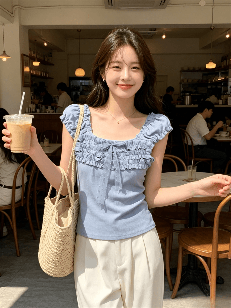 순수한 욕망 바람 디자인 센스 화이트 품격 레이스업 연령 감소 반팔 티셔츠 여성 여름 몸매 가꾸기 슬림해 보이는 다용도 맨위 상세 이미지 16