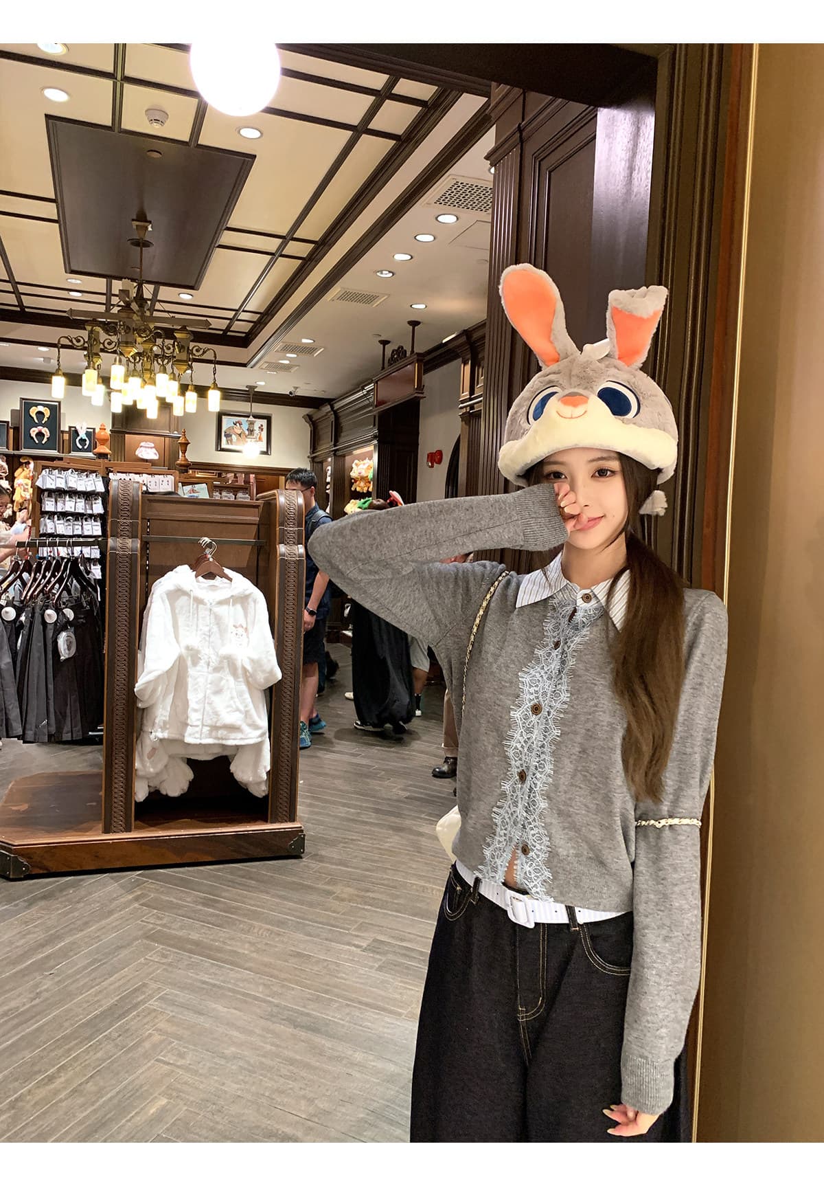 thas9i 9 억 회색 레이스 레이스 패치워크 POLO 칼라 맨위 여성 학원 스타일 페이크 레이어드 니트 오픈 가디건 상세 이미지 3
