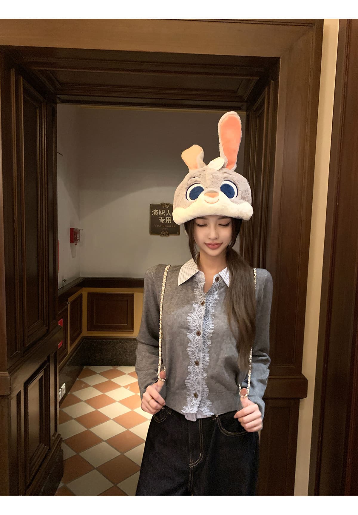 thas9i 9 억 회색 레이스 레이스 패치워크 POLO 칼라 맨위 여성 학원 스타일 페이크 레이어드 니트 오픈 가디건 상세 이미지 4