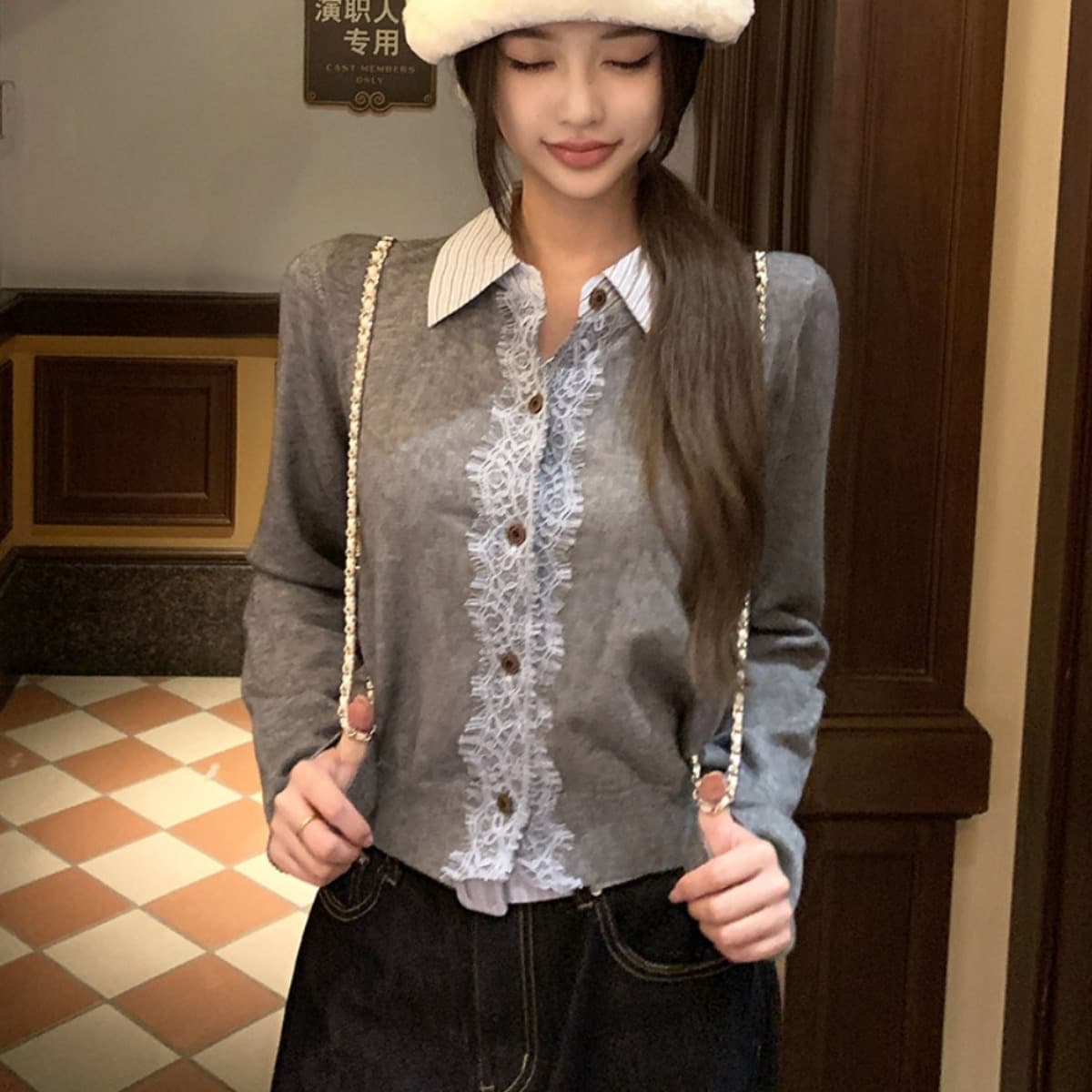 thas9i 9 억 회색 레이스 레이스 패치워크 POLO 칼라 맨위 여성 학원 스타일 페이크 레이어드 니트 오픈 가디건