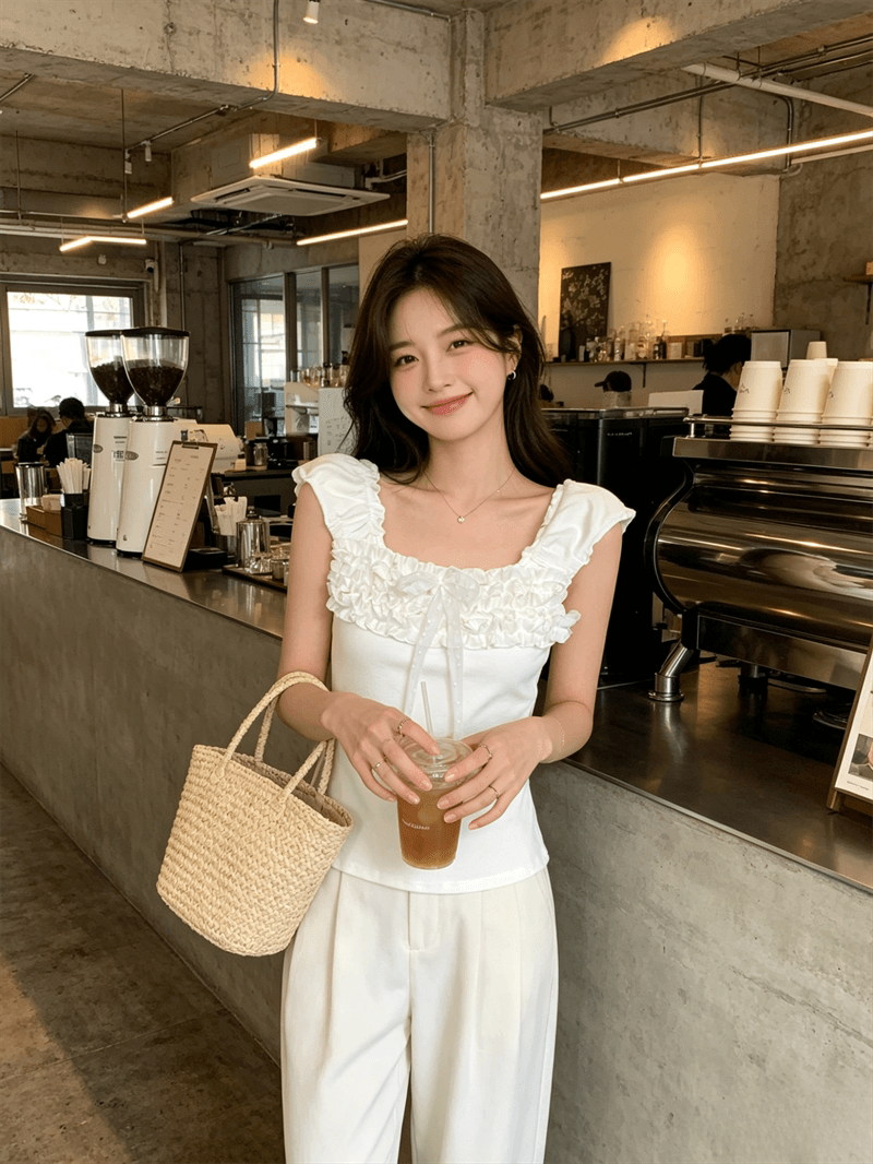 순수한 욕망 바람 디자인 센스 화이트 품격 레이스업 연령 감소 반팔 티셔츠 여성 여름 몸매 가꾸기 슬림해 보이는 다용도 맨위 상세 이미지 7