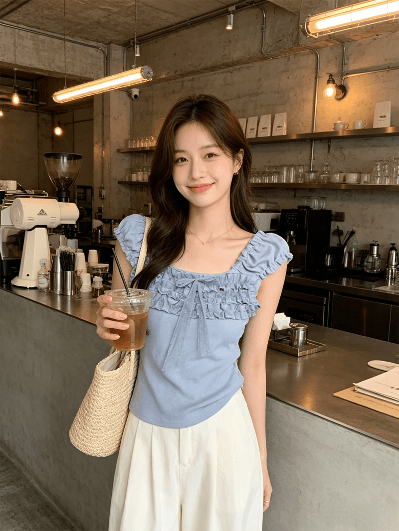 순수한 욕망 바람 디자인 센스 화이트 품격 레이스업 연령 감소 반팔 티셔츠 여성 여름 몸매 가꾸기 슬림해 보이는 다용도 맨위 상세 이미지 13