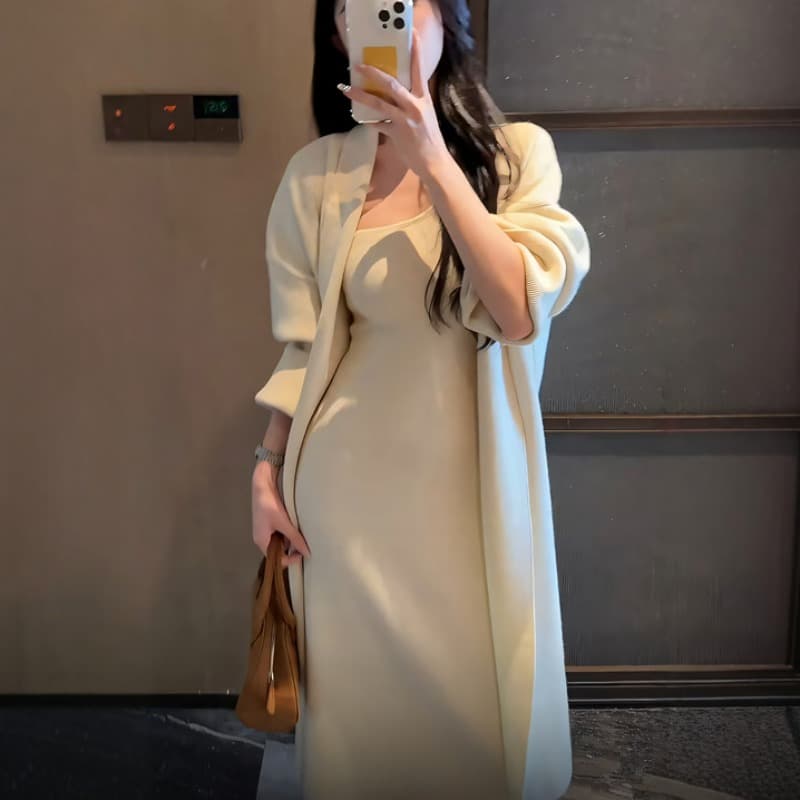 프랑스식 순수한 욕망 바람 오프숄더 세트 긴팔 스웨터 니트 여성 코트 가을 겨울 착용 가져 가라. 조끼 원피스 투피스 세트 이미지 2