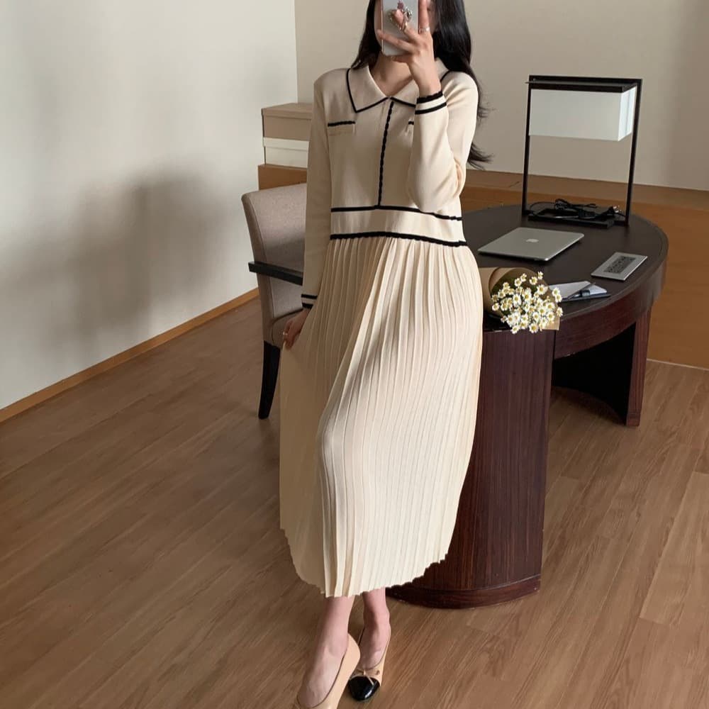 작은 샤넬 스타일 2026 봄과 가을 스웨터 한국 스타일 미니멀리즘 출퇴근 품격 니트 플리츠 드레스 이미지 4