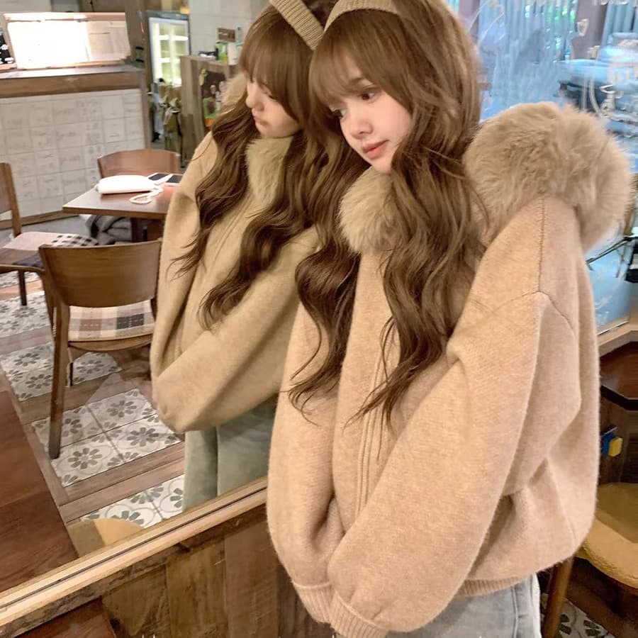 2026 새로운 큰 모피 칼라 스웨터 오픈 가디건 여성 코트 가을 겨울 루즈핏 슬림해 보이는 부드러운 찹쌀 니트 스웨터