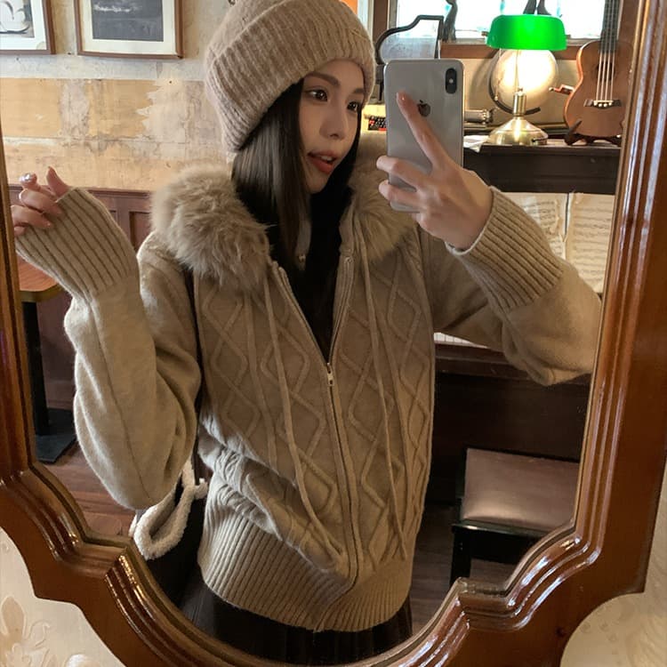 송 긍정적 인 En 모피 칼라 후드 스웨터 오픈 가디건 여성 코트 겨울 탈착식 한 부서 루즈핏 다용도 니트 맨위 트렌디 이미지 2