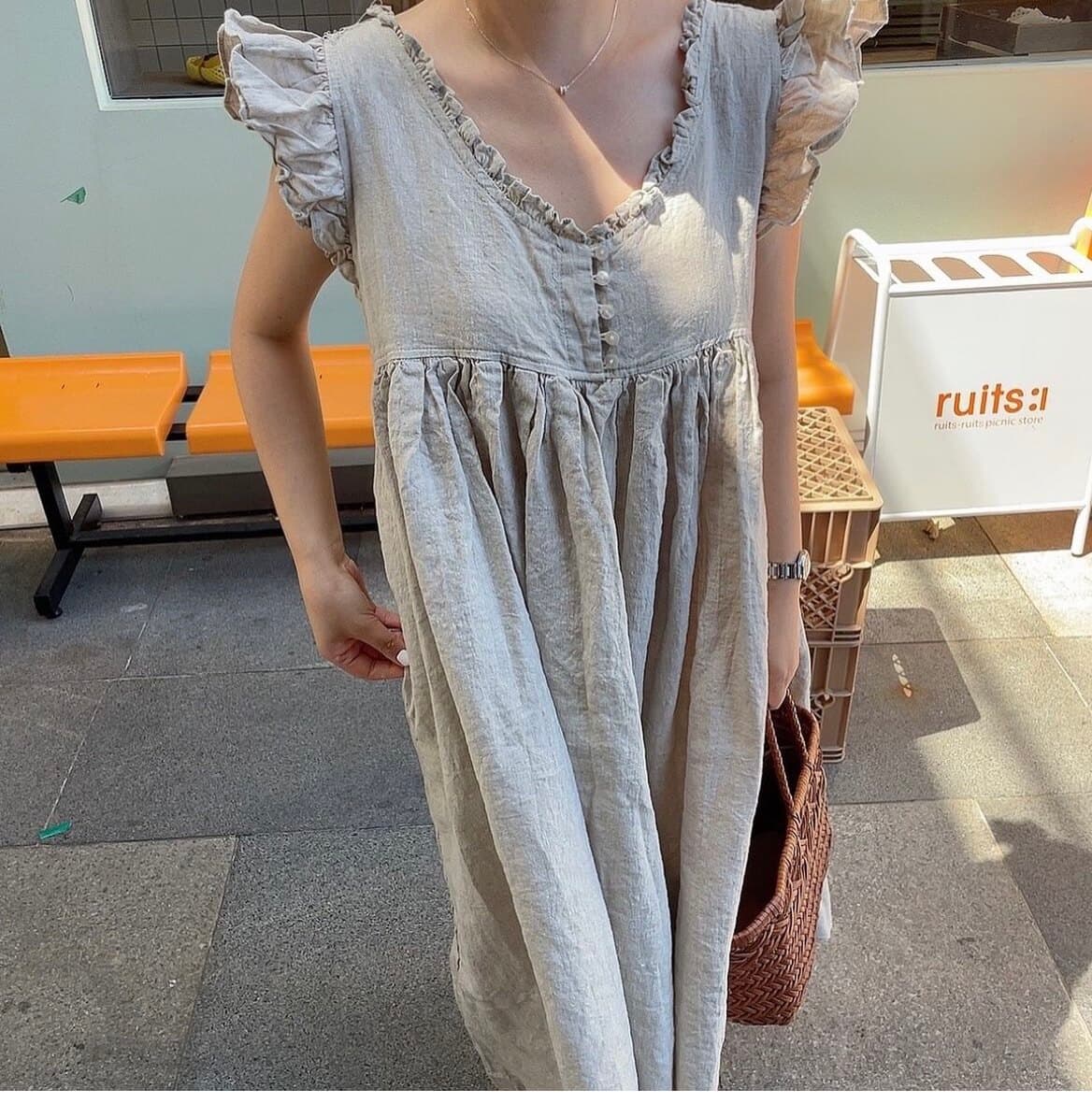한국 chic 레트로 우아함 V넥 작은 단추 양성 및 음성 둘 착용 주름 루즈핏 Feifei 소매 면 린넨 여성 드레스 이미지 3