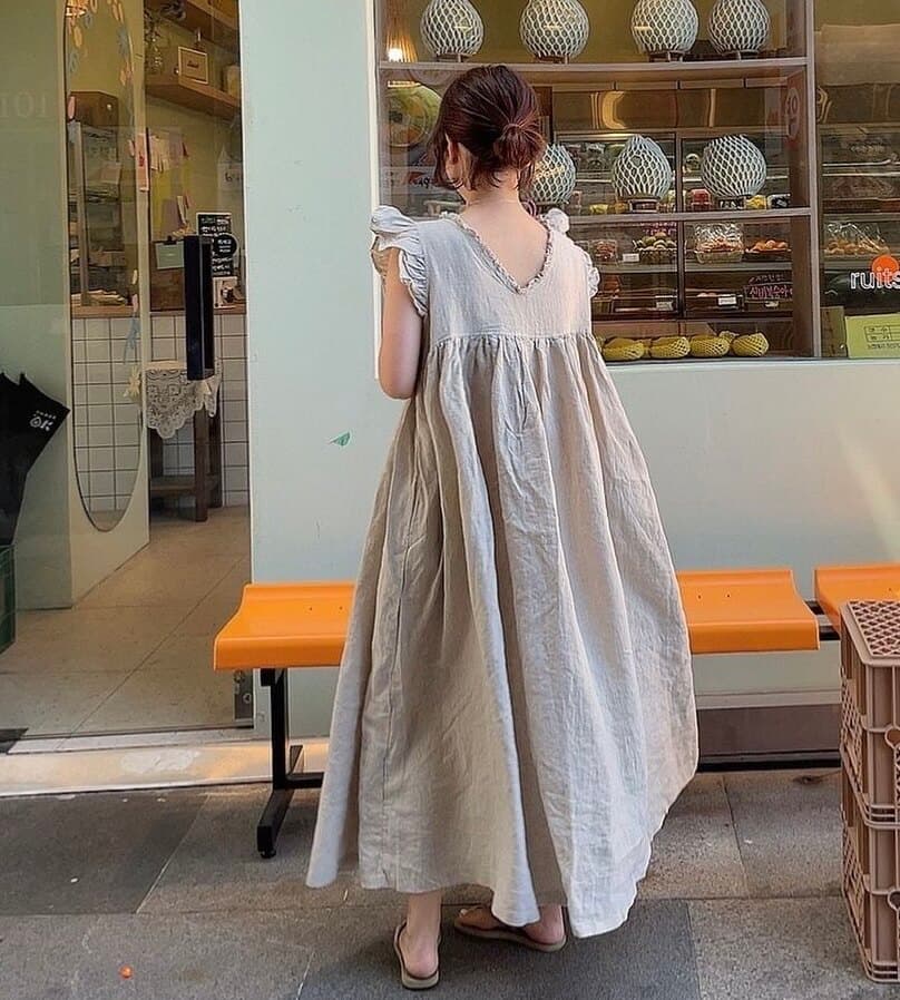 한국 chic 레트로 우아함 V넥 작은 단추 양성 및 음성 둘 착용 주름 루즈핏 Feifei 소매 면 린넨 여성 드레스 상세 이미지 4