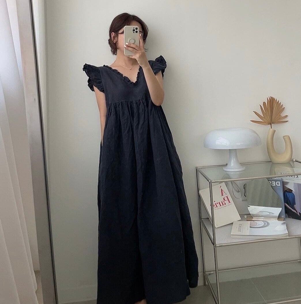 한국 chic 레트로 우아함 V넥 작은 단추 양성 및 음성 둘 착용 주름 루즈핏 Feifei 소매 면 린넨 여성 드레스 상세 이미지 6
