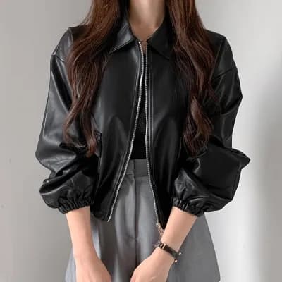 한 부서 chic 미니멀리즘 루즈핏 빅 포켓 오토바이 짧은 여성 코트 가을 다용도 연령 감소 폴로 칼라 pu 가죽 재킷 재킷